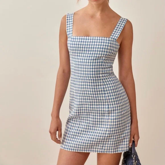 💎 Reformation Brigitte Linen Dress - Azure Check - Picture 2 of 9